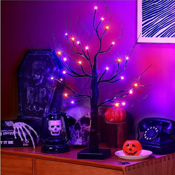 24 Inch LED Halloween Tree Lights, Orange & Purple, Black Twigs, USB Powered, Horror Theme, Home Party Holiday Festive Decor, Fits Halloween, Easter, Thanksgiving, Day of the Dead