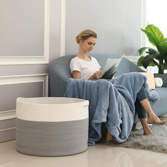 24 Inch Large Cotton Rope Basket Storage Bin Woven Laundry Hamper for Blankets Clothes Towels