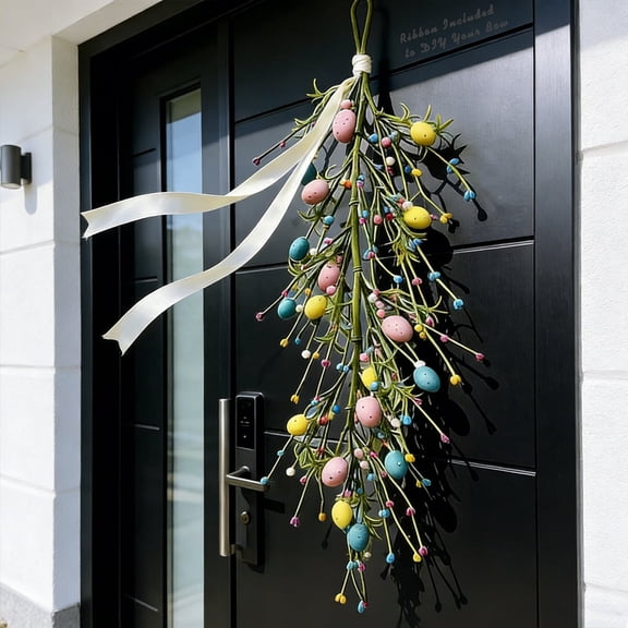 24 Inch Large Easter Door Hanger, Spring Floral Swag Garland with Eggs, Matte Ribbon & Hook, Extra Long 60cm Farmhouse Decor for Front Door, Wall, Mantel Indoor Outdoor