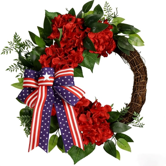 24 Inch Large Patriotic Hydrangea Wreath, Red Flower Wreath with American Flag Bow, Eye-Catching Independence Day 4th of July Front Door Outdoor Decor