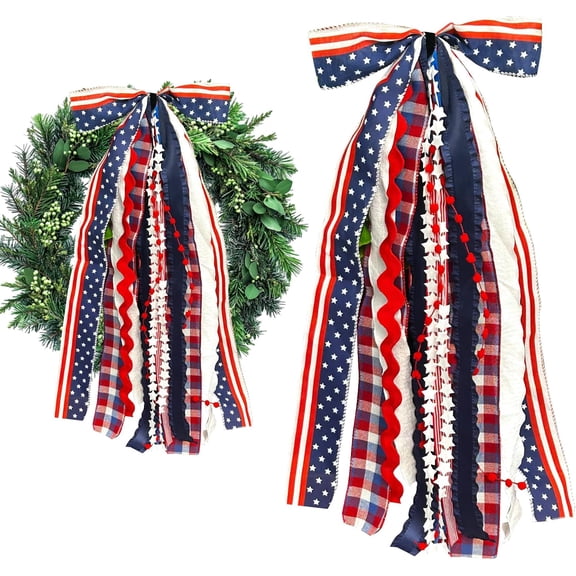 24 Inch Large Patriotic Star Ribbons Bow for Wreath, Buffalo Plaid Fabric Ribbons Set Assorted Lace Ribbon 4th of July Clip-On Wreath Sash Ribbon Bundle for Patriotic Indoor Outdoor Decor