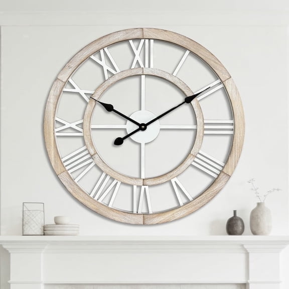 24 Inch Large Rustic Wall Clock Silent Non-Ticking Wooden Wall Clocks with Roman Numerals Farmhouse Decorative Clock for Living Room Bedroom Office