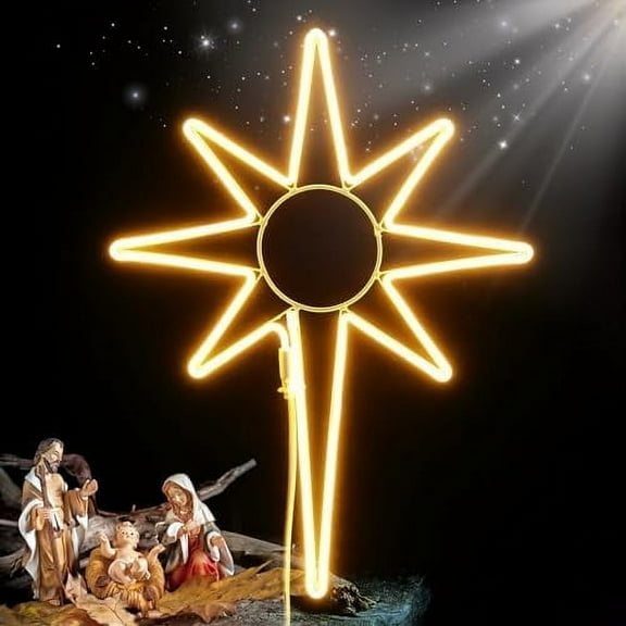 24 Inch Large Star of Bethlehem Outdoor Light, 300 LED Outdoor Christmas Star Neon Lights Decorations with Auto Timing Function for Christmas Outdoor Nativity Scene Yard Porch, Warm White Warm White