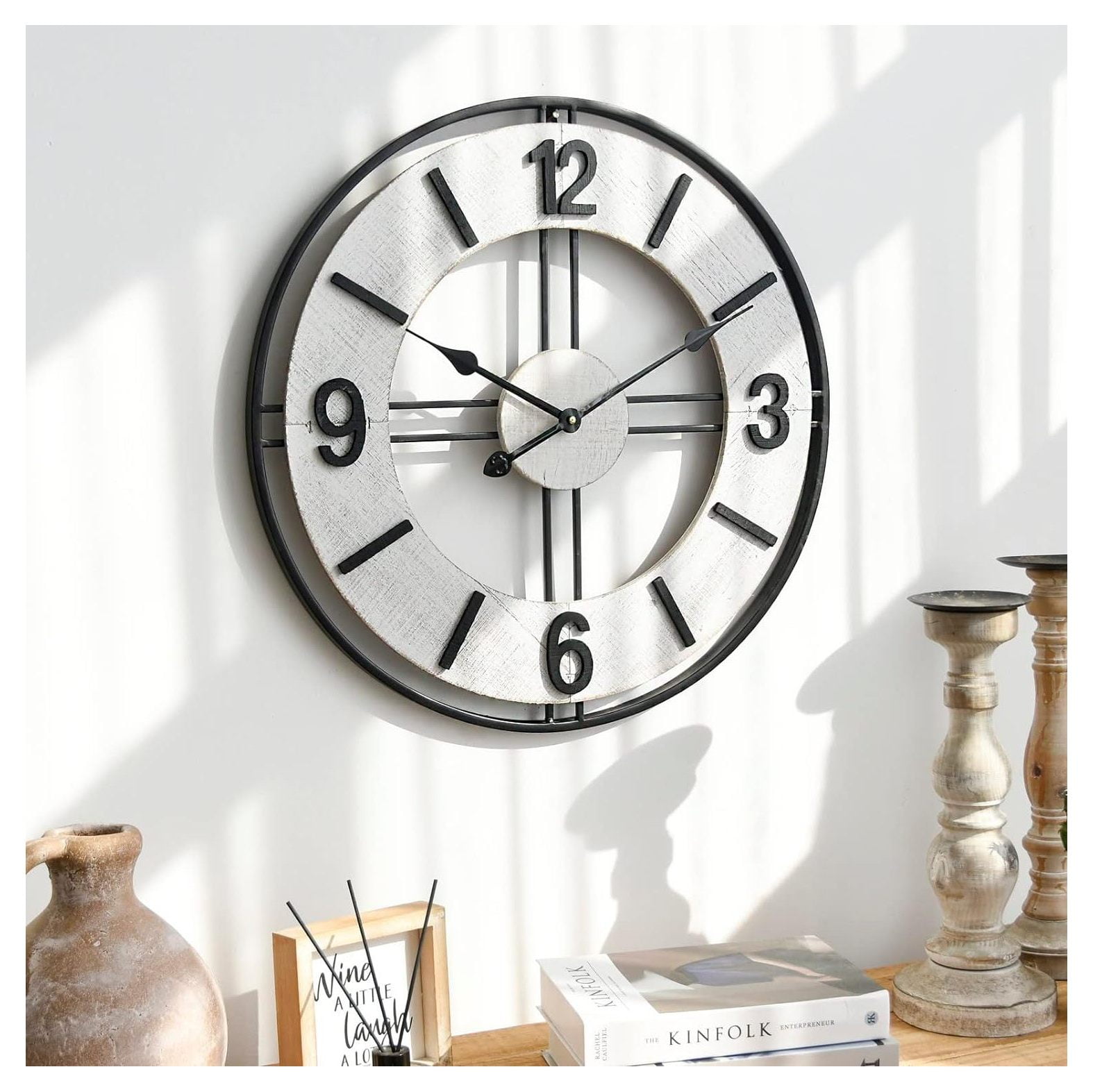 24 Inch Large Wood and Metal Wall Clock, Decorative Farmhouse Wall