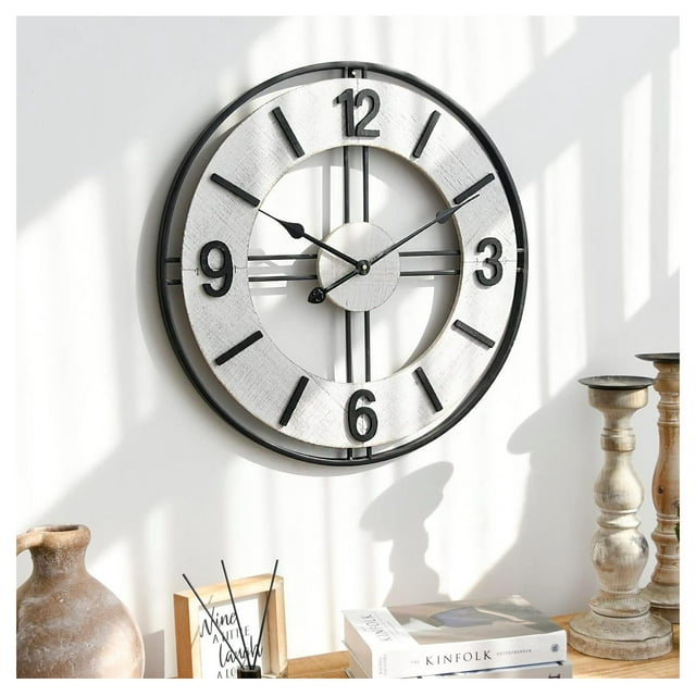 24 Inch Large Wood and Metal Wall Clock, Decorative Farmhouse Wall