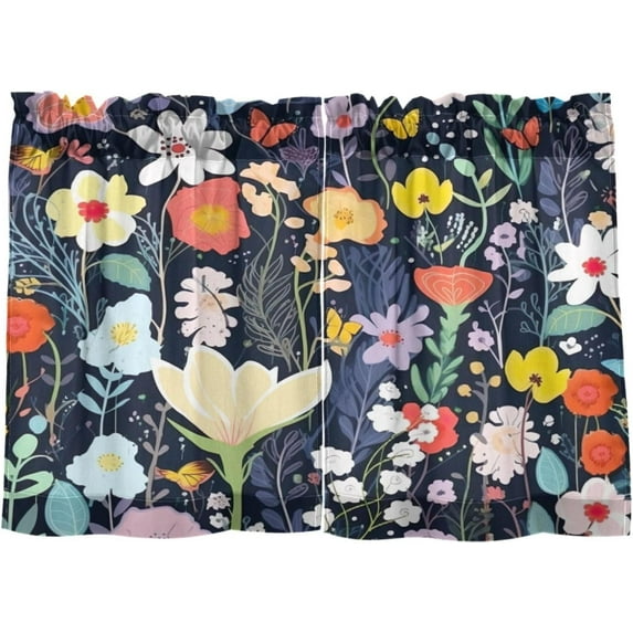 24 Inch Length Kitchen Curtains Colorful Flowers 2 Panels Half Window Sheer Curtains Rod Pocket Farmhouse Short Drapes for Bathroom Cafe Basement Home Decor