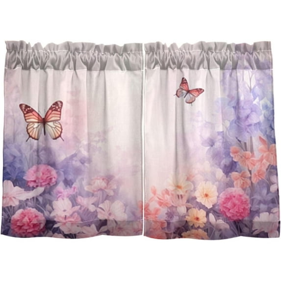 24 Inch Length Kitchen Curtains Watercolor Flower Butterfly 2 Panels Half Window Sheer Curtains Rod Pocket Farmhouse Short Drapes for Bathroom Cafe Basement Home Decor