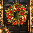 thumbnail image 1 of 24 Inch Lighted Christmas Wreath with Red Berries, Pine Cones, Gold Stars and Red Green Ribbon, Battery Operated Holiday Front Door Decor, 1 of 9