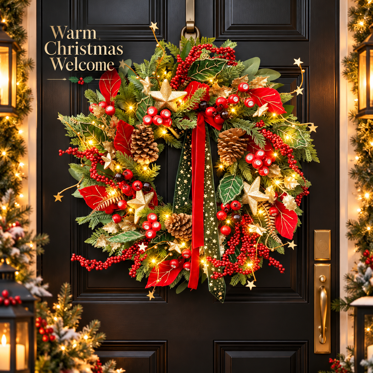 24 Inch Lighted Christmas Wreath with Red Berries, Pine Cones, Gold Stars and Red Green Ribbon, Battery Operated Holiday Front Door Decor