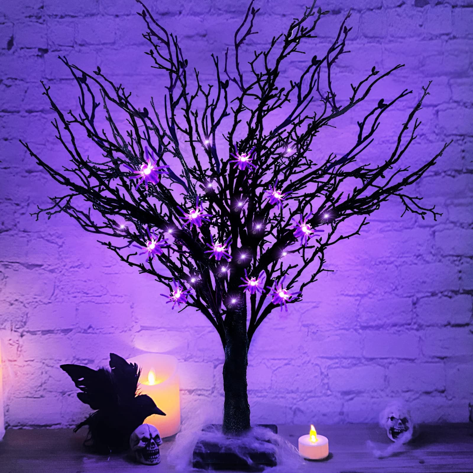 24-Inch Lighted Halloween Tree with Timer Black Glitter Twigs 25 ...
