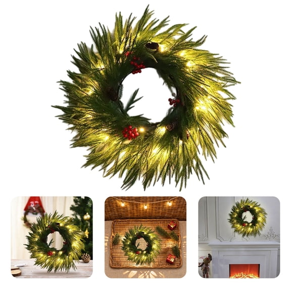 24 Inch Lighted Norfolk Pine Christmas Wreath with LED String Lights Pine Cones and Red Berries Artificial Christmas Wreath for Front Door Wall Window Indoor Outdoor Home Decor