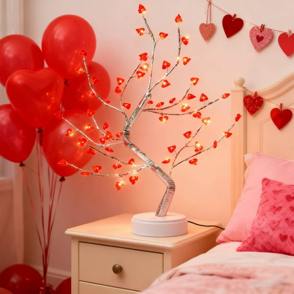 24 Inch Lighted Valentines Day Tree with 50 LED Lights and 18 Heart Ornaments USB Battery Operated Decor for Home Party