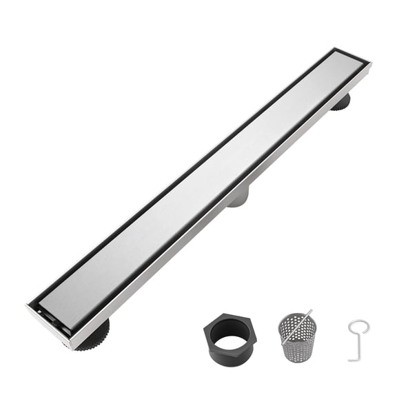 24 Inch Linear Shower Drain - 2-in-1 Flat & Tile Insert Removable Cover 304 Stainless Steel with Hair Strainer & Leveling Feet Brushed Nickel