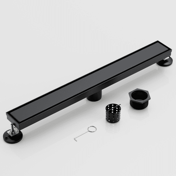 24 Inch Linear Shower Drain, 304 Stainless Steel Floor Drain with Tile Insert Grate, Square Shower Floor Drain for Bathroom Remodel, Adjustable Leveling Feet & Hair Strainer (Matte Black)