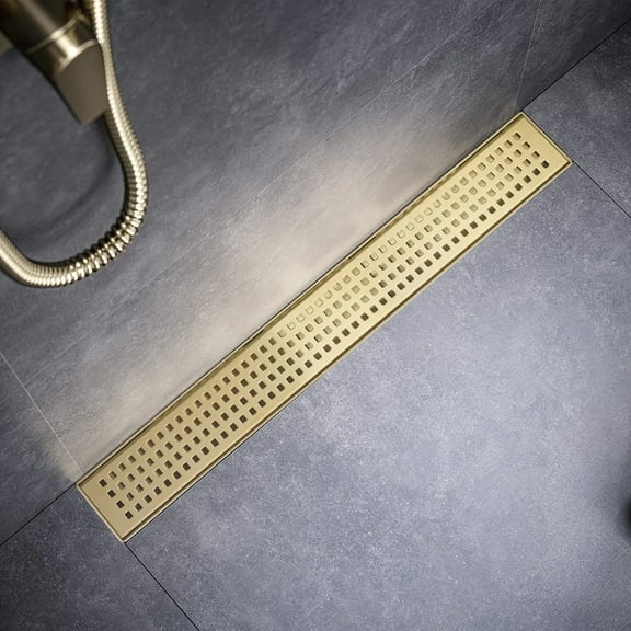 24 Inch Linear Shower Drain Rectangular Floor Drain With Accessories Square Hole Pattern Cover Grate Removable SUS304 Stainless Steel Brushed Gold
