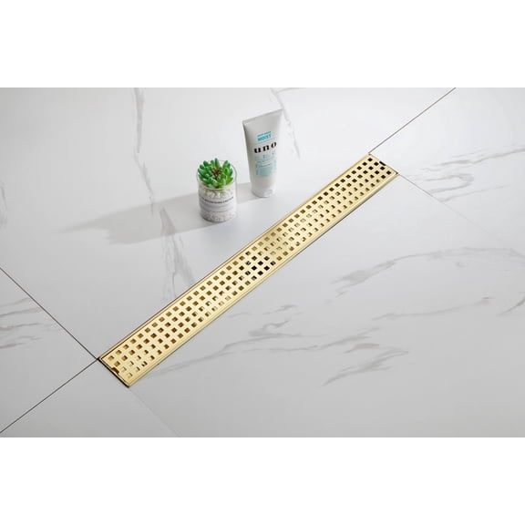 24 Inch Linear Shower Drain - Removable Square Patterned Grate 304 Stainless Steel with Hair Strainer & Leveling Feet Brushed Gold
