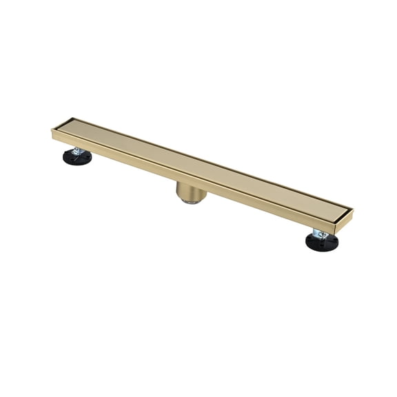24 Inch Linear Shower Drain with Hair Strainer, Brushed Gold Stainless Steel Bathroom Floor Drain with Leveling Feet