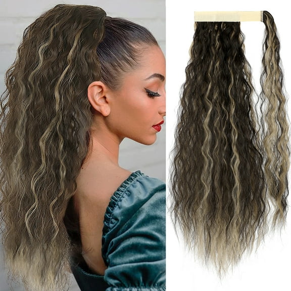 24 Inch Long Corn Wavy Wrap Around Ponytail Extensions For Women Synthetic Long Curly Wavy Clip In Ponytail Hair Extensions