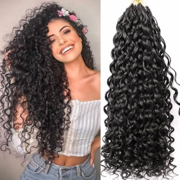 24 Inch Long Curly Crochet Hair Pre Looped GoGo Crochet Hair for Women 7 Packs Pre twisted Deep Wave Braiding Hair Extensions Black 1B