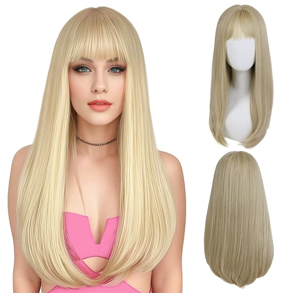 24 Inch Long Straight Wigs for Women Blonde Wig with Bangs Synthetic Fiber