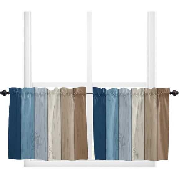 24 Inch Long Tier Curtains for Kitchen, Retro Farmhouse Blue and Brown Ombre Wood Grain Bathroom Window Curtains Rod Pocket Short Curtains Window Treatment Tiers for Living Room Farmhouse 2 Panels