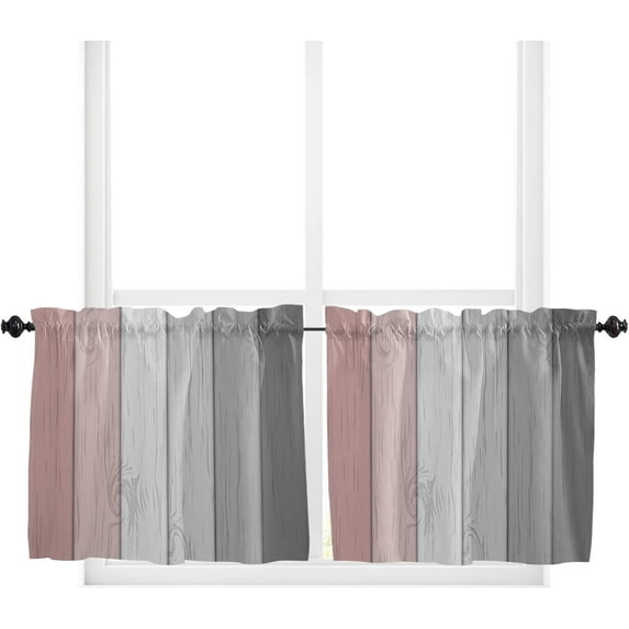 24 Inch Long Tier Curtains for Kitchen, Retro Farmhouse Pink and Gray Ombre Wood Grain Bathroom Window Curtains Rod Pocket Short Curtains Window Treatment Tiers for Living Room Farmhouse 2 Panels