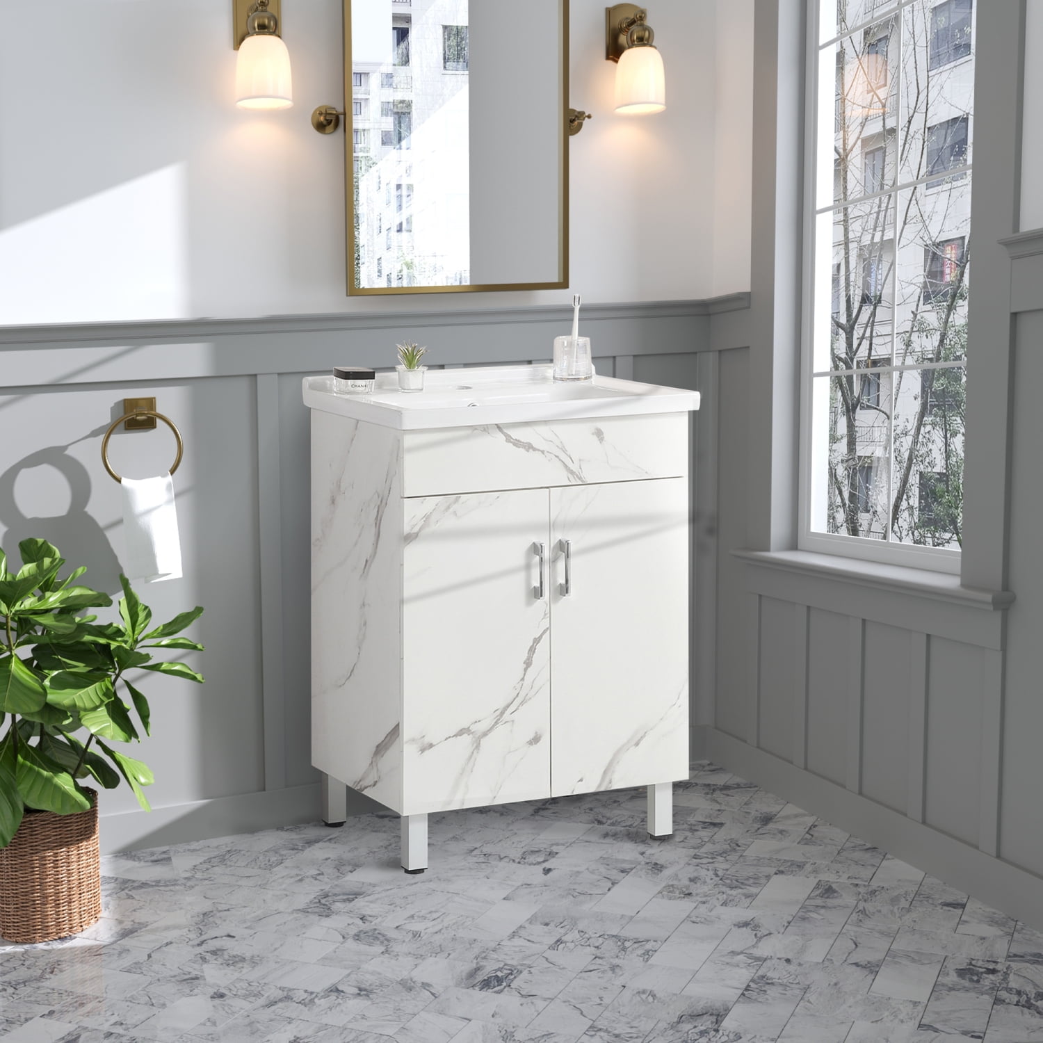 24-Inch Marble Bathroom Cabinet with Ceramic Sink Vanity Storage ...