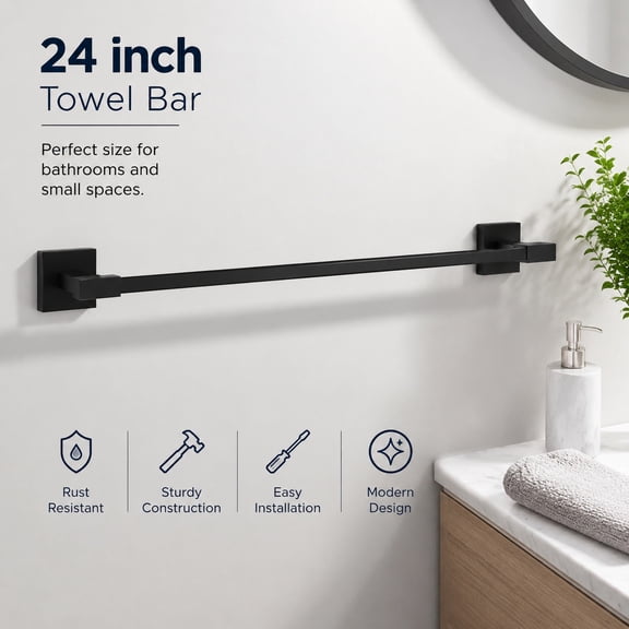 24 Inch Matte Black Towel Rack Bar for Bathroom and Kitchen - Wall Mounted Modern Towel Holder Accessory