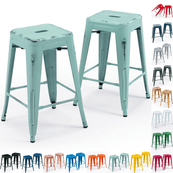 24 Inch Metal Bar Stools Set of 2, Stackable Backless Industrial Stools for Indoor Outdoor Kitchen Dining Patio Garden Classroom (Distressed Mint Green)