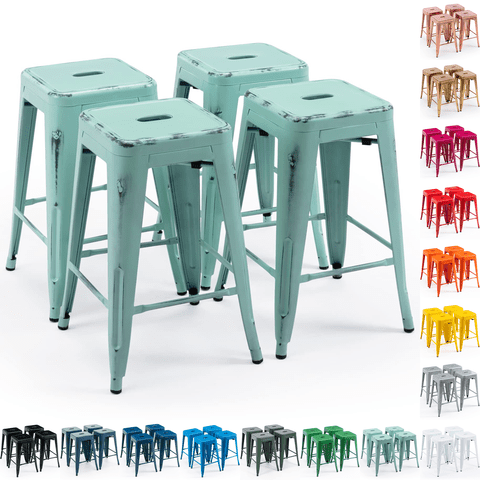 24 Inch Metal Bar Stools Set of 4, Stackable Backless Industrial Stools for Indoor Outdoor Kitchen Dining Patio Garden Classroom (Distressed Mint Green)
