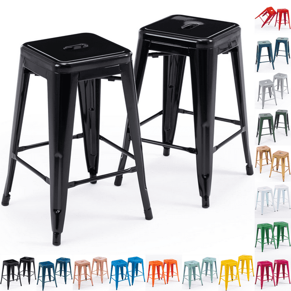 24 Inch Metal Bar Stools Set of 2, Stackable Backless Industrial Stools for Indoor Outdoor Kitchen Dining Patio Garden Classroom (Black)