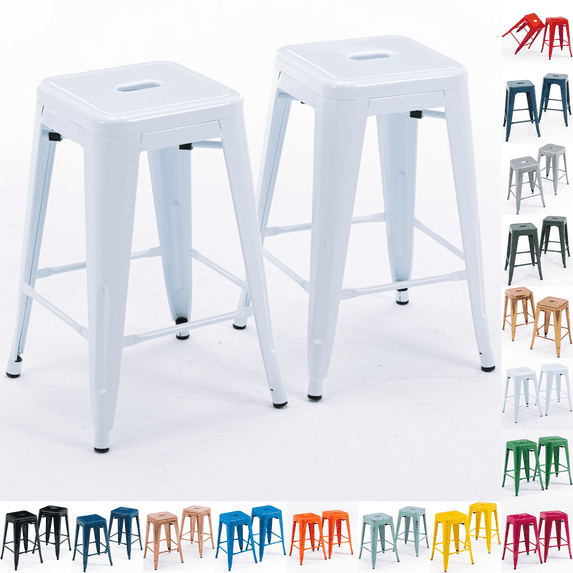 24 Inch Metal Bar Stools Set of 2, Stackable Backless Industrial Stools for Indoor Outdoor Kitchen Dining Patio Garden Classroom (White)