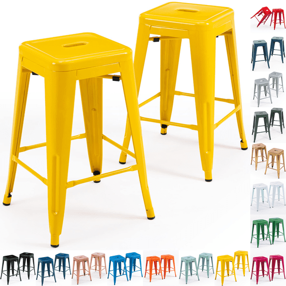 24 Inch Metal Bar Stools Set of 2, Stackable Backless Industrial Stools for Indoor Outdoor Kitchen Dining Patio Garden Classroom (Yellow)