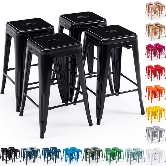 24 Inch Metal Bar Stools Set of 4, Stackable Backless Industrial Stools for Indoor Outdoor Kitchen Dining Patio Garden Classroom (Black)