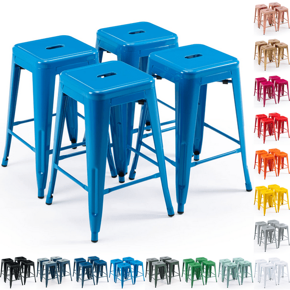24 Inch Metal Bar Stools Set of 4, Stackable Backless Industrial Stools for Indoor Outdoor Kitchen Dining Patio Garden Classroom (Blue)