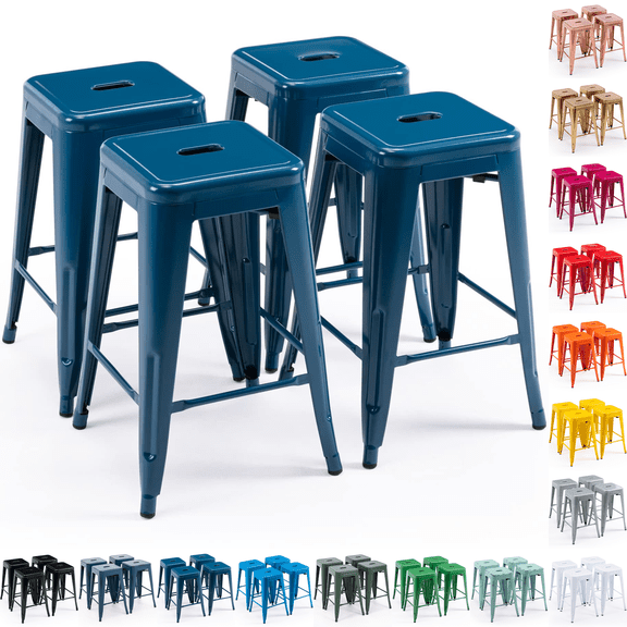 24 Inch Metal Bar Stools Set of 4, Stackable Backless Industrial Stools for Indoor Outdoor Kitchen Dining Patio Garden Classroom (Deep Blue)