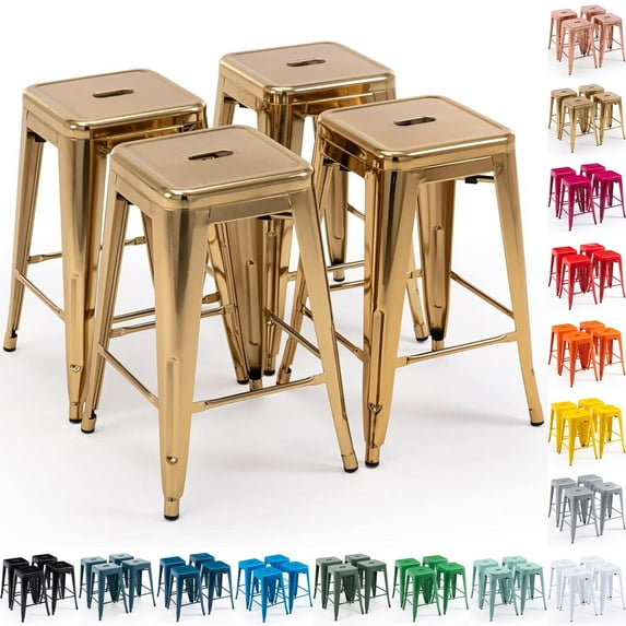 24 Inch Metal Bar Stools Set of 4, Stackable Backless Industrial Stools for Indoor Outdoor Kitchen Dining Patio Garden Classroom (Gold)