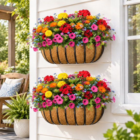 24 Inch Metal Hanging Window Box Railing Planters with Coco Liner, 2 Pack