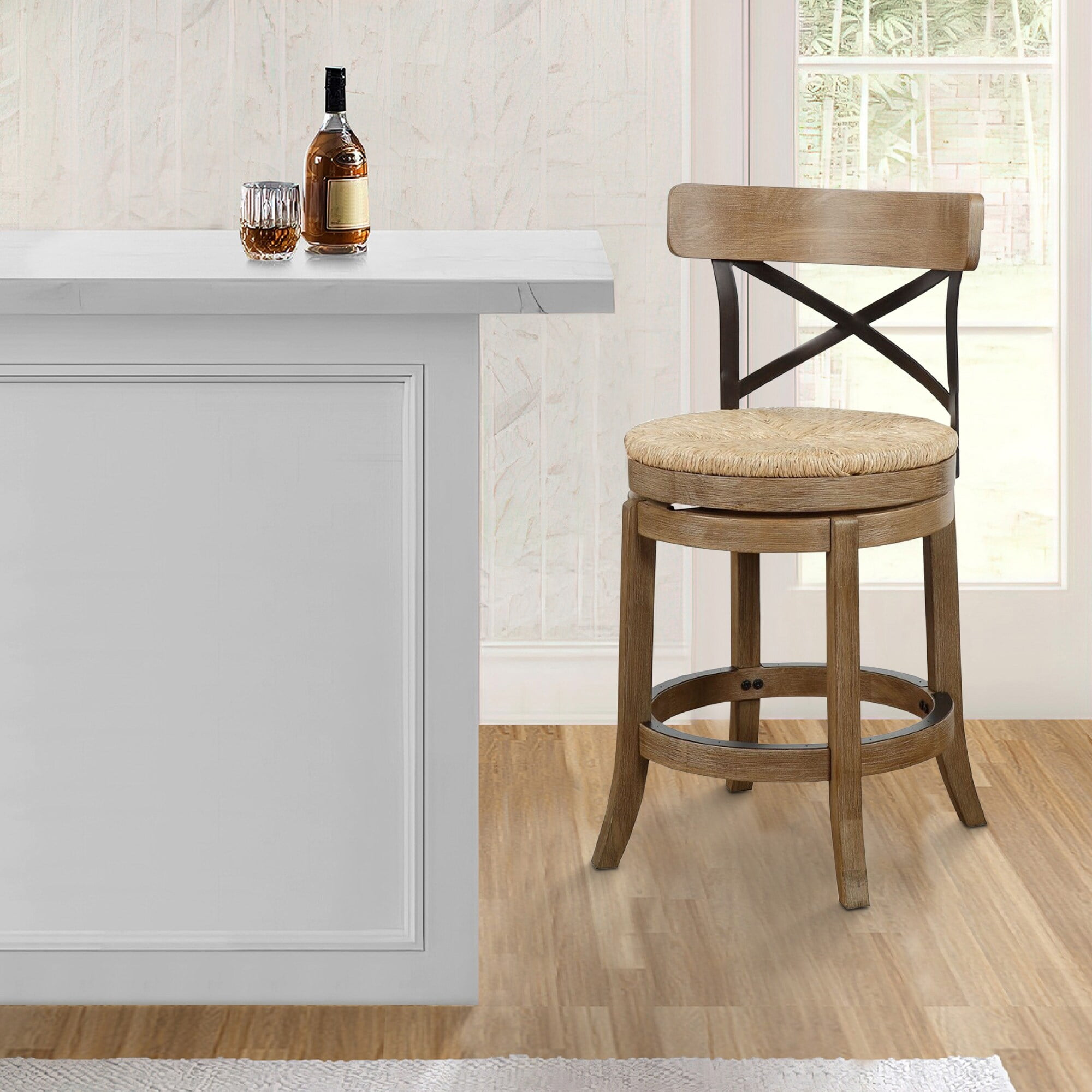 Mia Natural Brown Rubberwood Swivel Counter Stool with Metal X-Back
