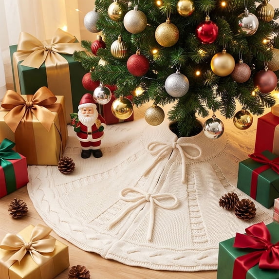 24 Inch Mini Knit Christmas Tree Skirt for Tabletop Trees, Boho Cream White Cable Knit Skirt for 3-4 FT Small Trees, Neutral Farmhouse Xmas New Tear Tree Decorations