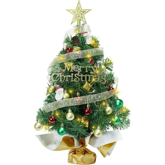 24 Inch Mini Tabletop Christmas Tree with 50 LED Lights - Prelit 2FT Holiday Decor with Gift Boxes and Hanging Ornaments for DIY Christmas Decoration