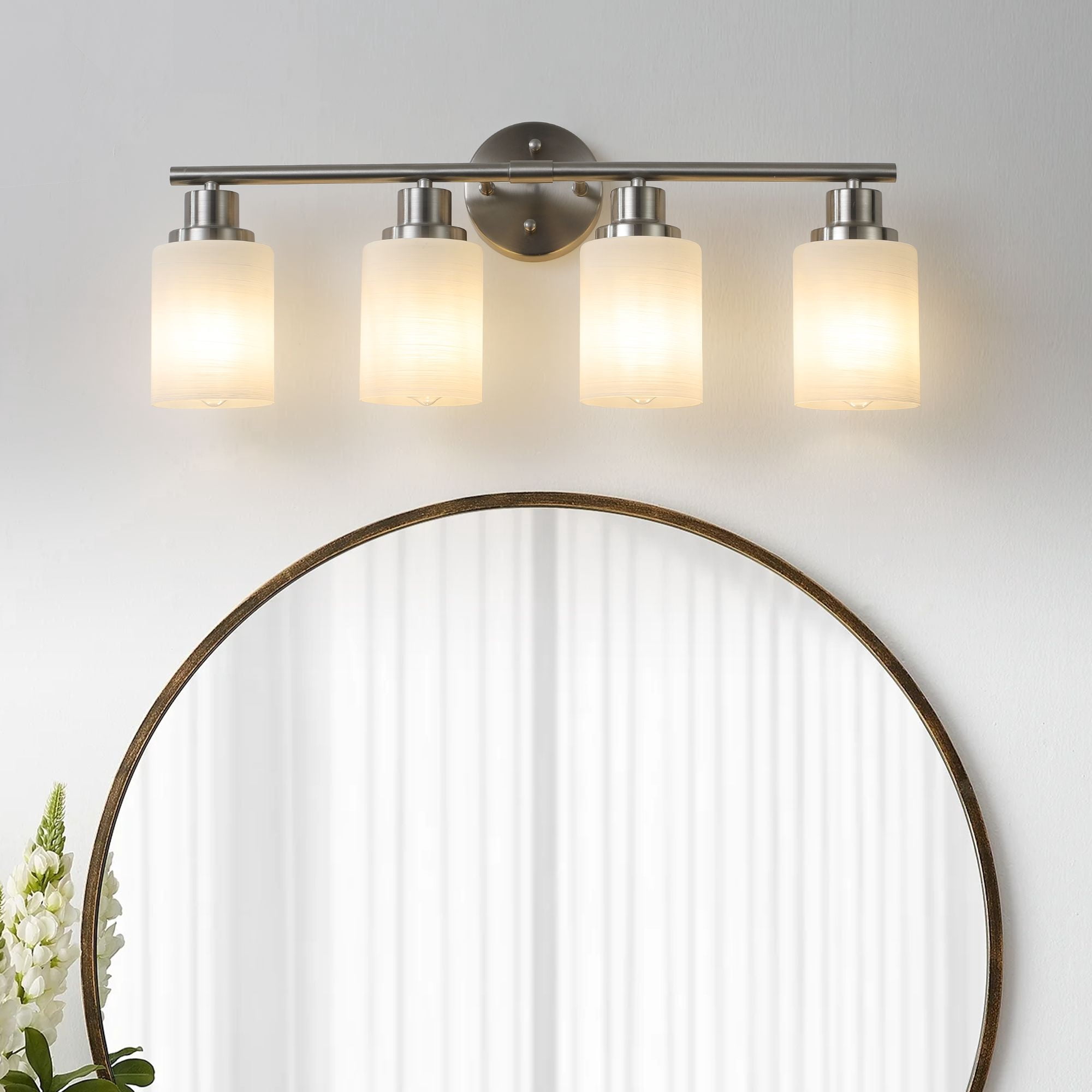 24 Inch Modern 4-Light Vanity Wall Sconce, Brushed Nickel Bathroom Light Fixture with Frosted Glass Shades for Mirror and Hallway, Hardwired (Bulbs Not Included)