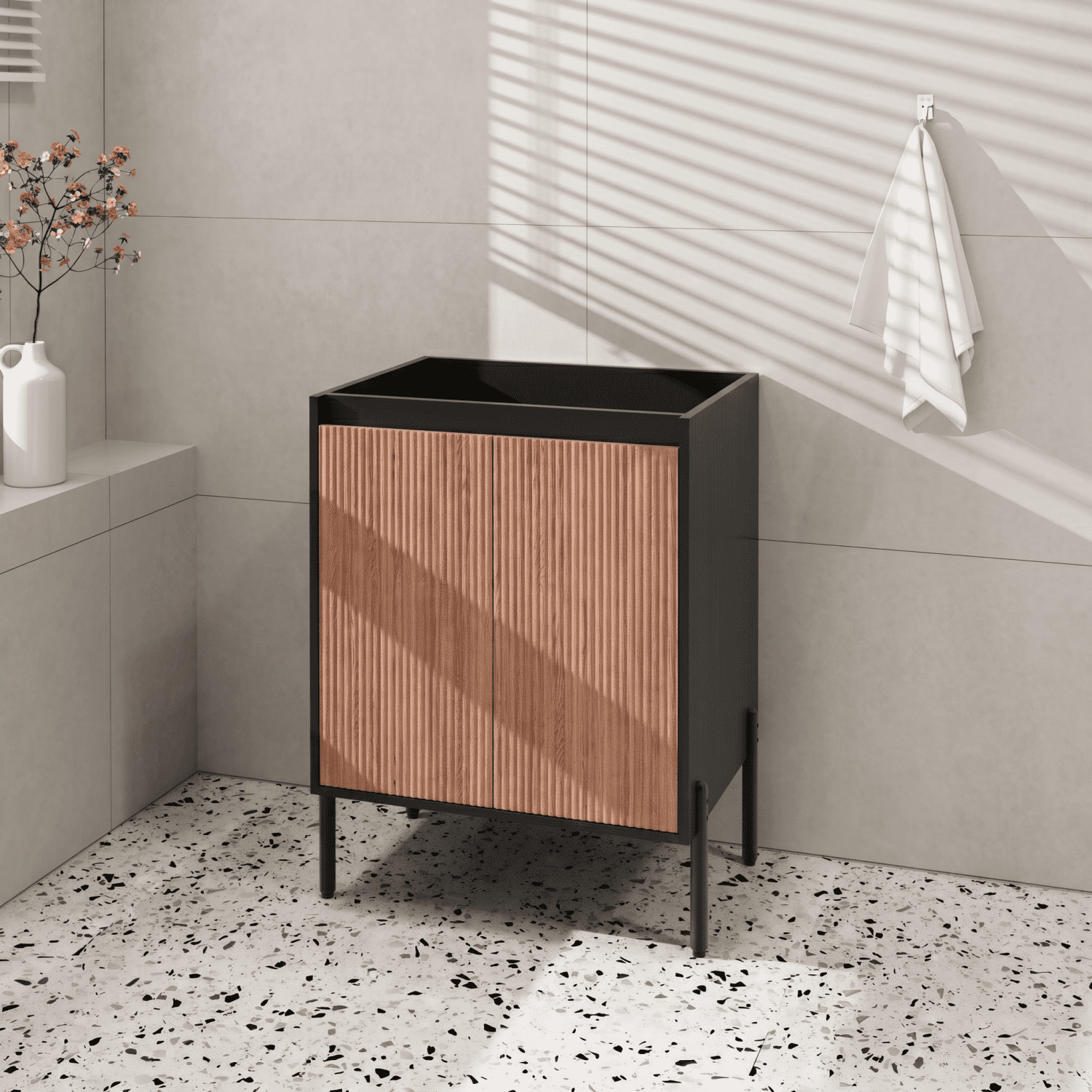 24 Inch Modern Bathroom Vanity Base Cabinet Only, Freestanding or Wall-Mounted with Soft Close Double Doors & Adjustable Shelf, Aluminum Legs (23.4" W x 17.9" D, Walnut & Black, No Sink)
