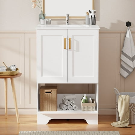 KZElegy 24 Inch Modern Bathroom Sink Cabinet Freestanding Vanity with Sink,2 Soft-Close Doors & 1 Open Shelf,Bathroom Storage Cabinet,White