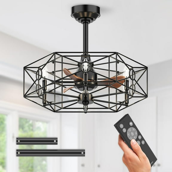 24-Inch Modern Caged Fandelier Ceiling Fan with Light and Remote (Bulbs Not Included), Ultra-Quiet, 6-Speed, Timer, Reversible Air Circulation Mode, All-Season Use for Bedroom, Kitchen, Dining Room