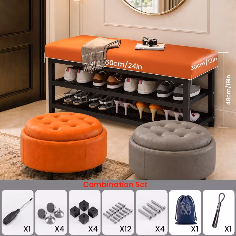 24 Inch Modern Entryway Shoe Bench, Soft Cushioned Shoe Storage Organizer with Easy Assembly Metal Frame, Multi-Compartment Space Saving Shoe Rack for Hallway, Foyer & Bedroom Use