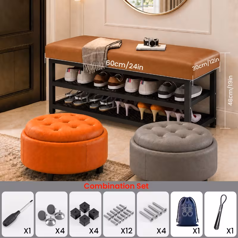24 Inch Modern Entryway Shoe Bench, Soft Cushioned Shoe Storage Organizer with Easy Assembly Metal Frame, Multi-Compartment Space Saving Shoe Rack for Hallway, Foyer & Bedroom Use