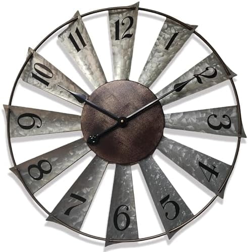 24 Inch Modern Farmhouse Clock Large Metal Windmill Clock for Walls Indoor Outdoor Home,Galvanized Metal Decor Wall Clock Distressed