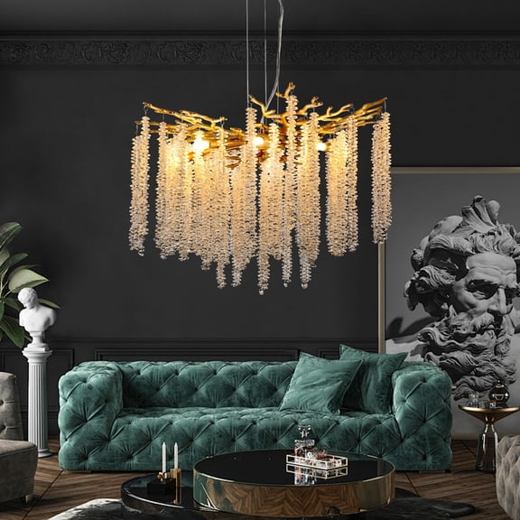 24 Inch Modern Golden Pendant Light, Waterfall Crystal Chandelier with 8-Light Cascading Strands for Dining Room Living Room Foyer Entryway, Hardwired Ceiling Fixture (G9 Bulbs Not Included)