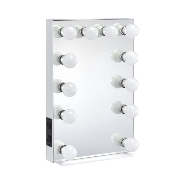 Benjara 24 Inch Modern Lighted Mirror, 2 Power Outlets, 12 Bulb Sockets, White